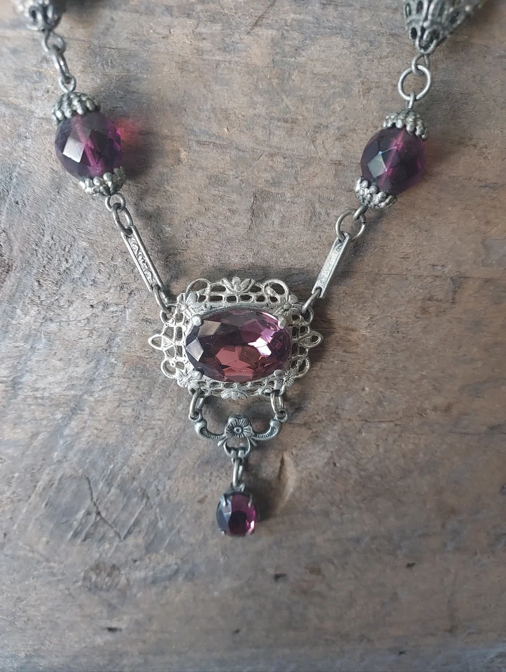 Vintage-Style Gothic Pewter Necklace with Amethyst Gemstones